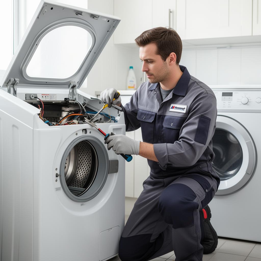 Técnico LRC consertando máquina de lavar